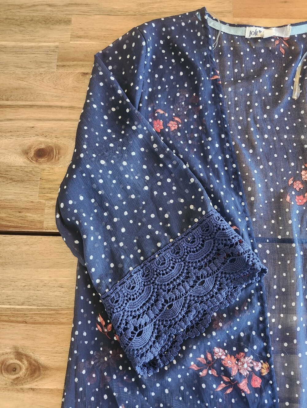 Jolt Navy Floral Polka-Dot Open Front Swim Coverup with Crochet Trim